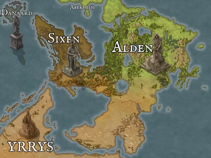 Ilustrovaná mapa východního kontinentu s Sixen, Alden a Yrrys
