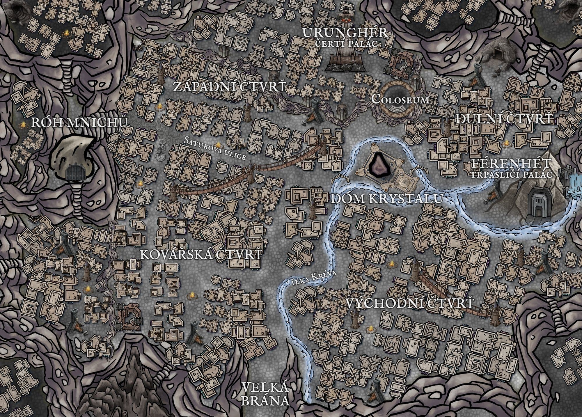 Mapa čertího města pod horou Kaban se čtvrtěmi a Domem Krystalu