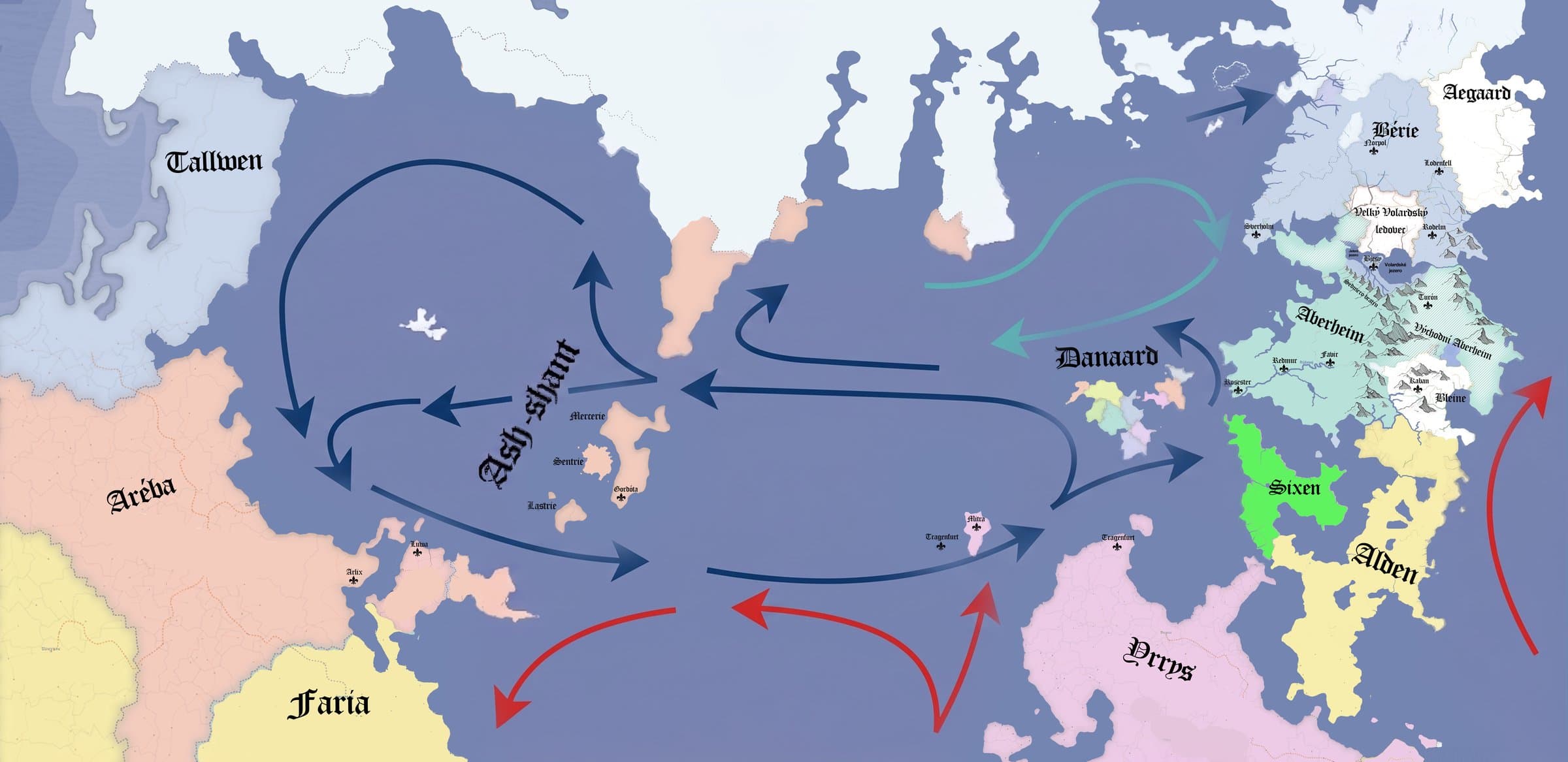 Mapa světa Lesočerta se zaznačenými oceánskými proudy
