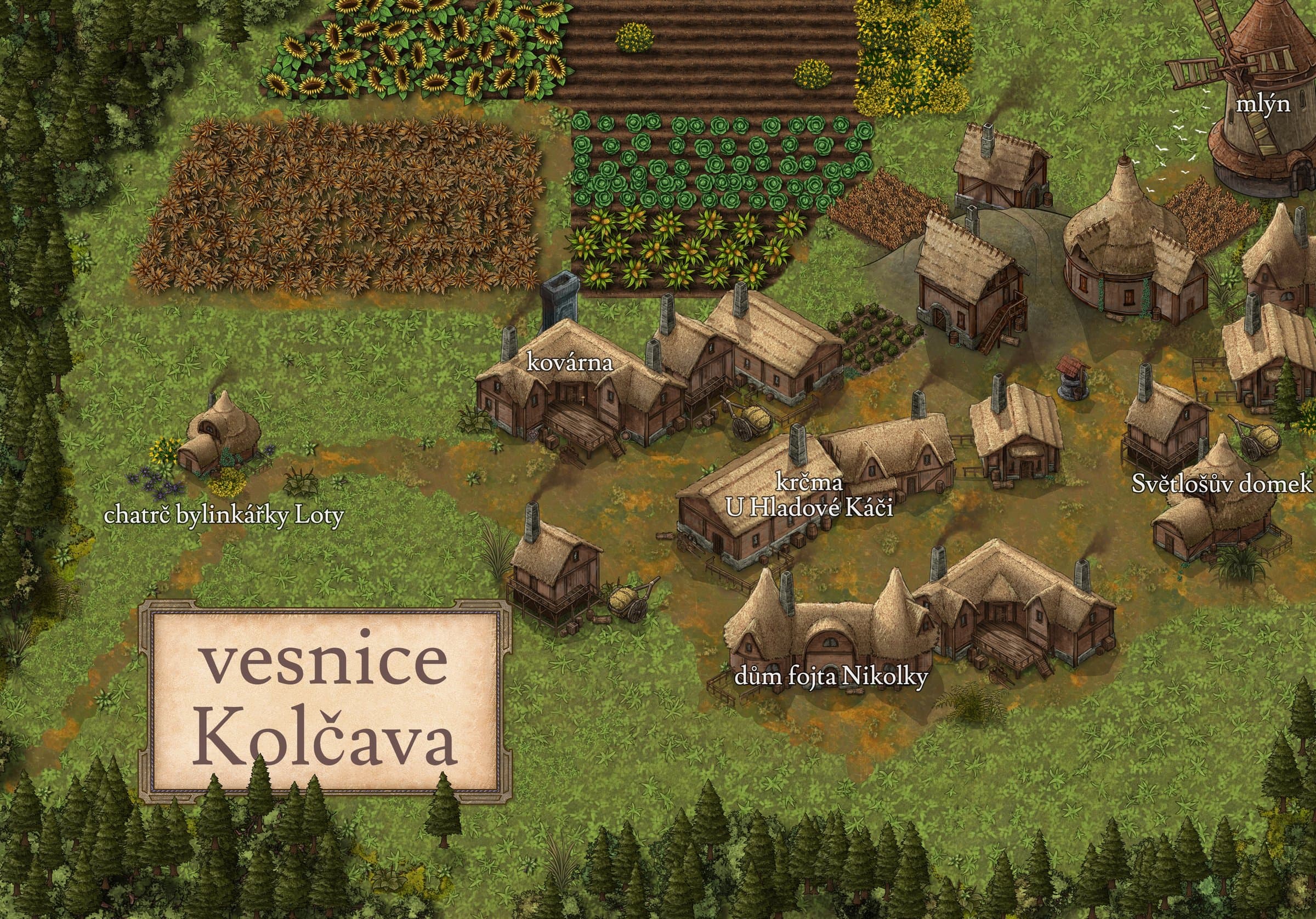 Mapa vesnice Kolčava s jednotlivými pojmenovanými staveními